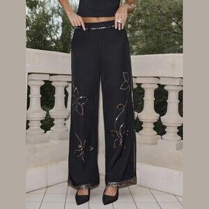 Black Sequin Floral High Waist Wide Leg Trousers